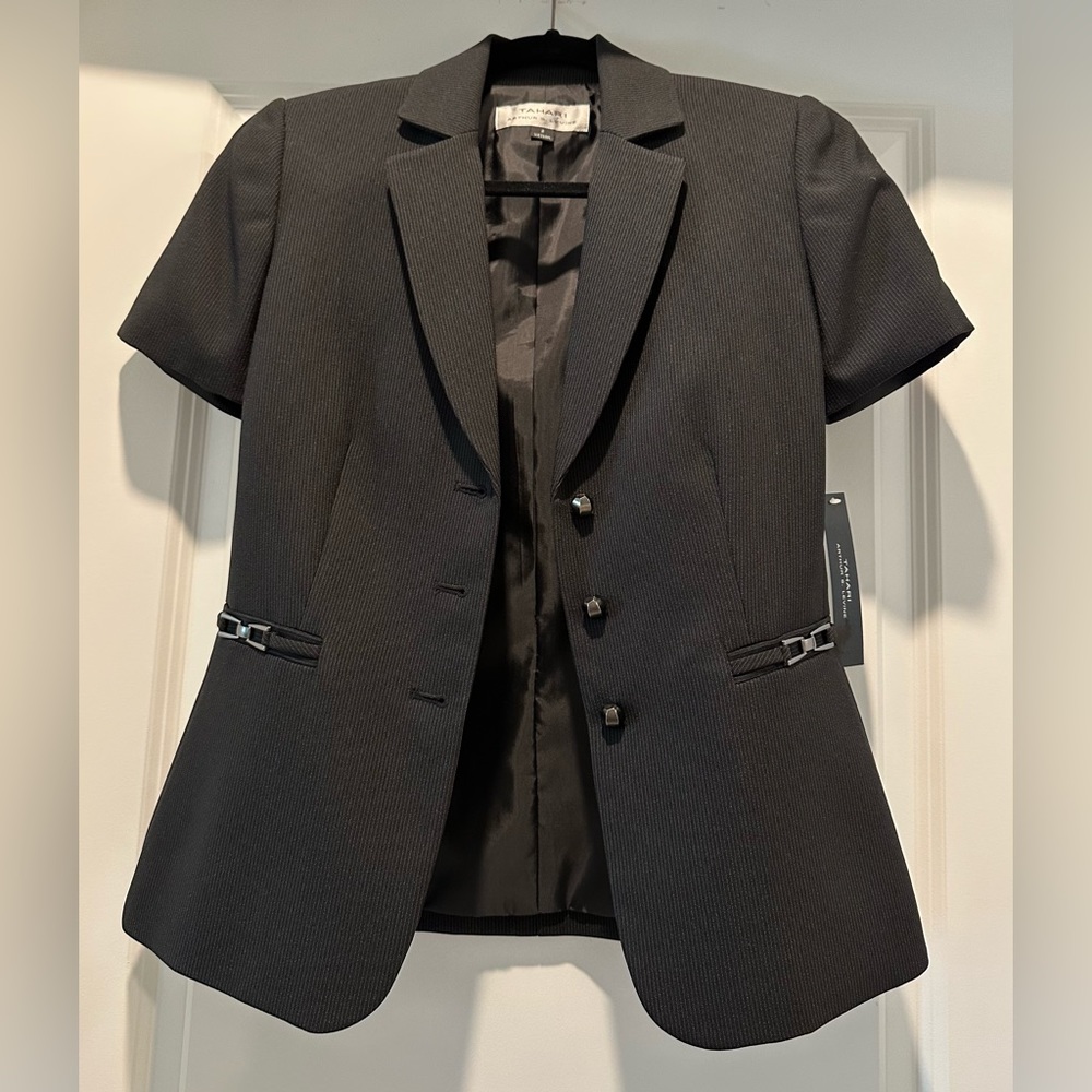 Black Pinstripe Tahari Short Sleeve Suit Jacket - Size 2